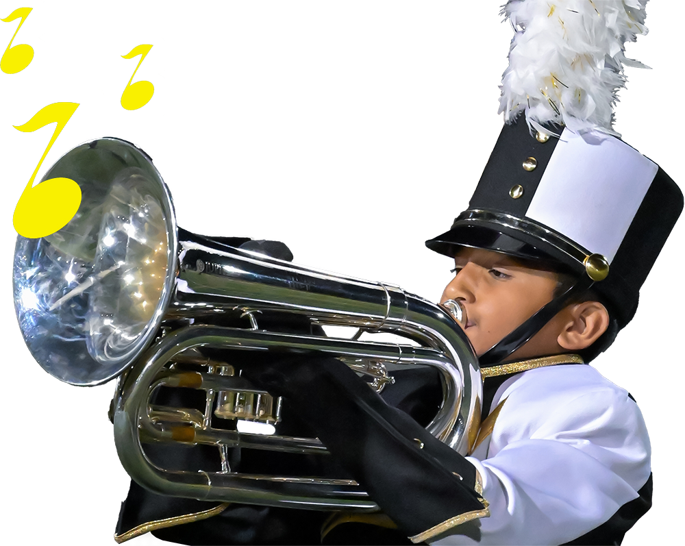 Student playing in marching band